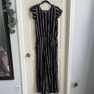 Time and Tru Navy and White Striped Jumpsuit